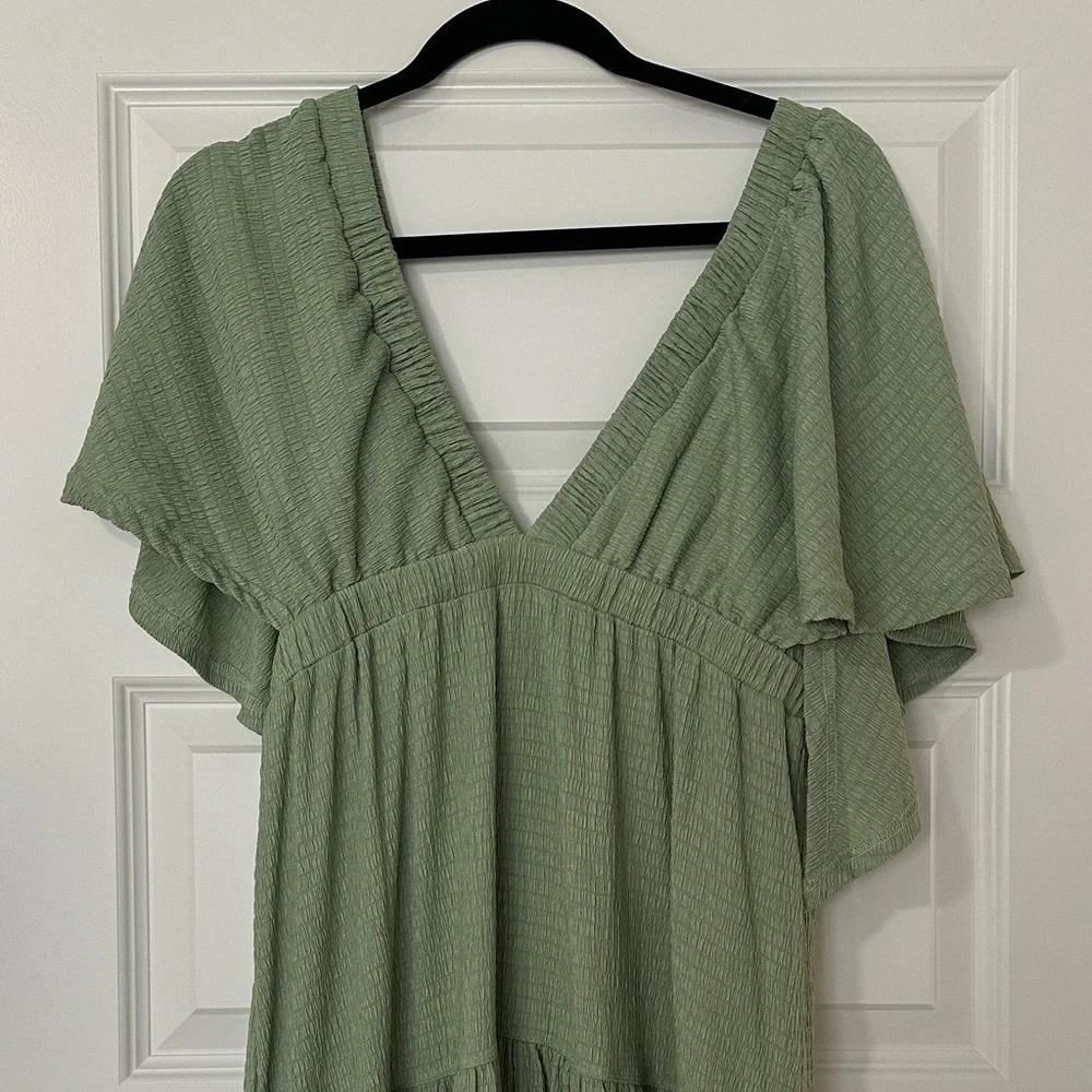Sage Green V-Neck Tiered Maxi Dress with Flutter Sleeves - Picture 3 of 7